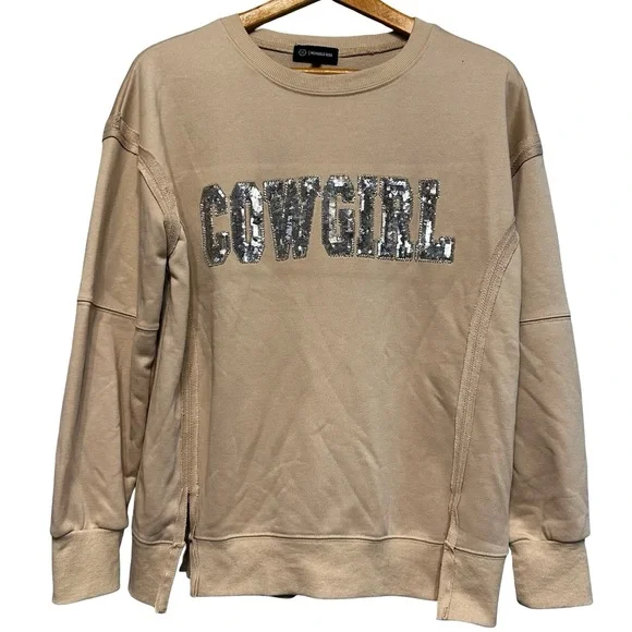 Cowgirl Sequin Sweatshirt Small Tan Western Crewneck Rodeo Minimalist Country - Picture 2 of 12